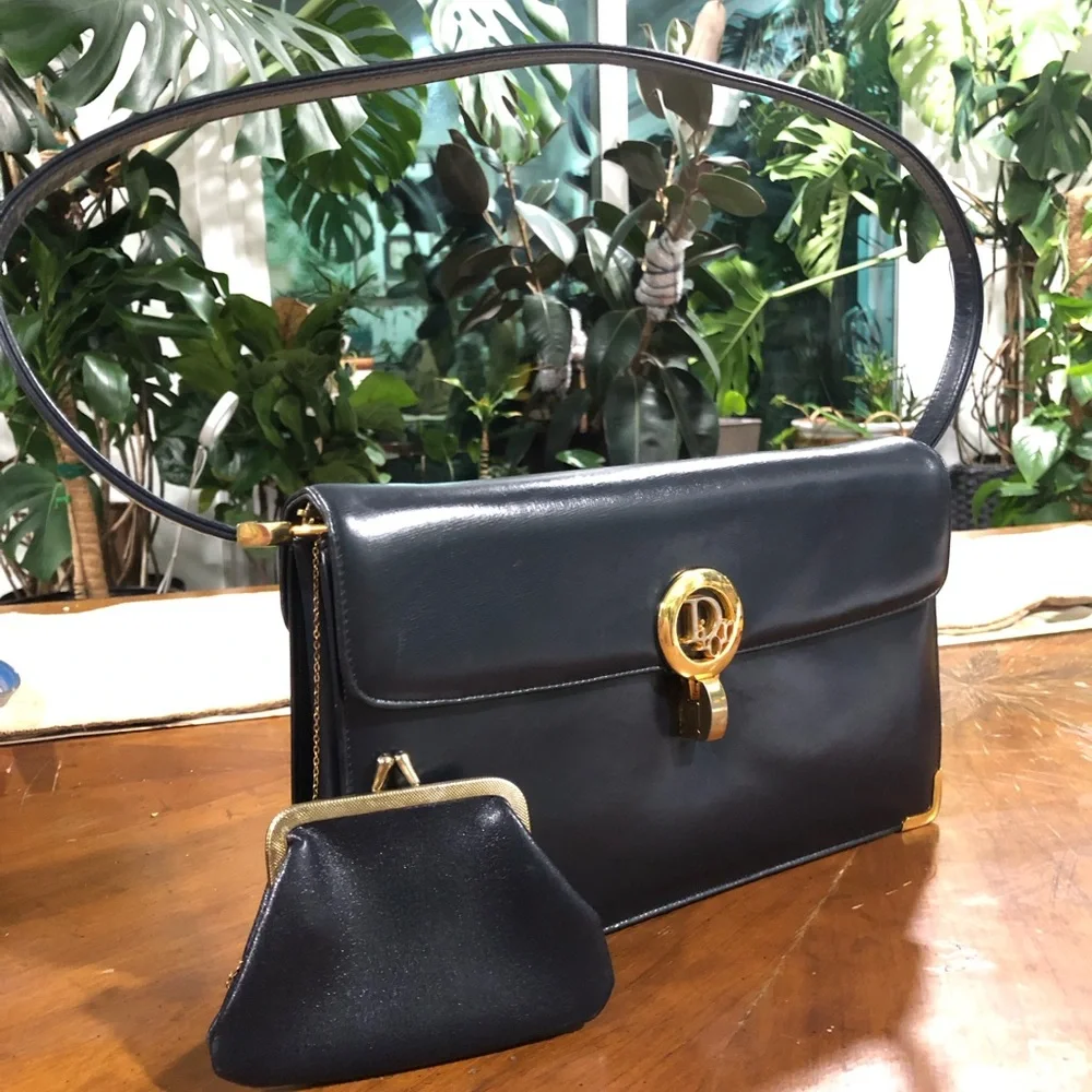 Classic Black Leather Shoulder Bag with Coin Purse - Gold Hardware - Picture 2 of 2